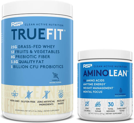 RSP NUTRITION Aminolean Pre Workout Energy (Blue Raspberry 30 Servings) with Truefit Protein Powder (Vanilla 2 LB)