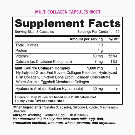 Vitauthority Multi Collagen Pills for Women & Men - Hydrolyzed Collagen Peptides with Vitamin C and Hyaluronic Acid 180Ct