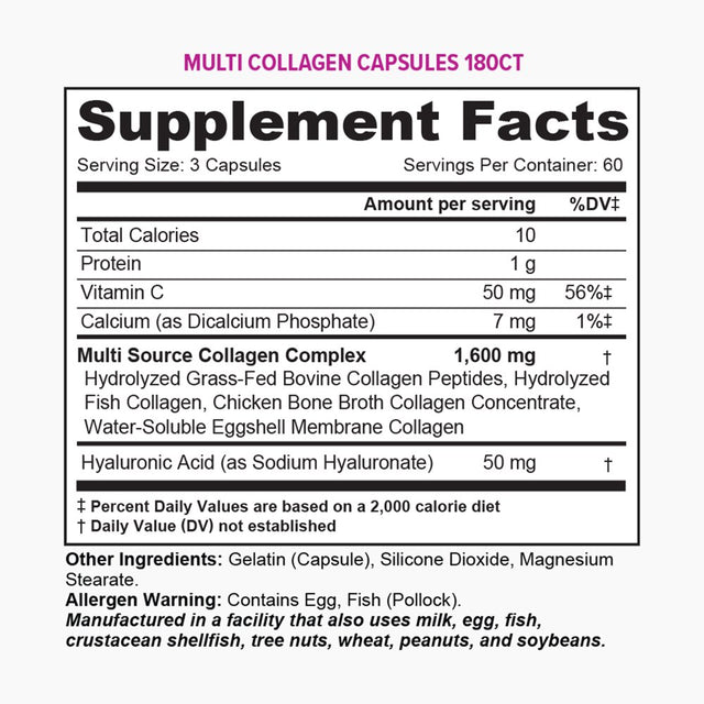 Vitauthority Multi Collagen Pills for Women & Men - Hydrolyzed Collagen Peptides with Vitamin C and Hyaluronic Acid 180Ct