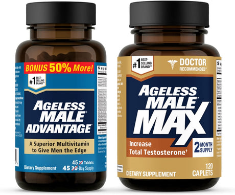 Max Total Testosterone Booster & Ageless Male Advantage Premium Multivitamin for Men 50 plus - Boost Total Testosterone + Brain & Cholesterol Care