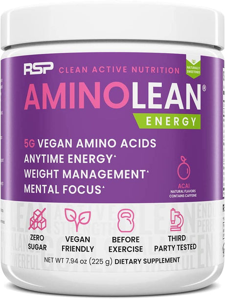 RSP Aminolean - All-In-One Natural Pre Workout, Amino Energy, Weight Management - Vegan Bcaas, Preworkout for Men & Women, Acai, 25 Serv