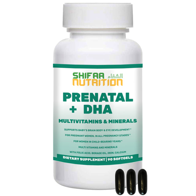 Halal Prenatal Vitamins with DHA and Folic Acid | 30 Servings: DHA 250Mg, Folic Acid 800Mg, EPA 90Mg, Lutein 500Mg, Borage Oil 125Mg, Iodine 50Mg, Calcium 400Mg | Halal Vitamins | SHIFAA NUTRITION