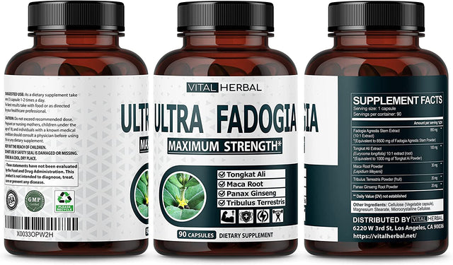 Ultra Fadogia Agrestis 10:1 Extract with Tongkat Ali Capsules - Equivalent to 9570 Mg - Maximum Strength with Ginseng Maca Root Tribulus - Boost Energy Muscle Buider (90 Count (Pack of 1))