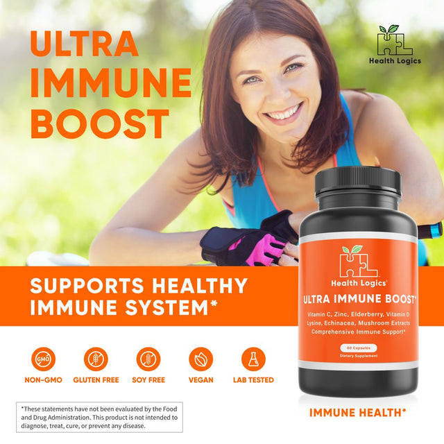 Ultra Immune Boost Capsules with Vitamin C, Zinc, Elderberry, Vitamin D, Lysine, Echinacea, and Mushroom Extracts for Immune Support- Powerful Antioxidants -60 Veggie Caps