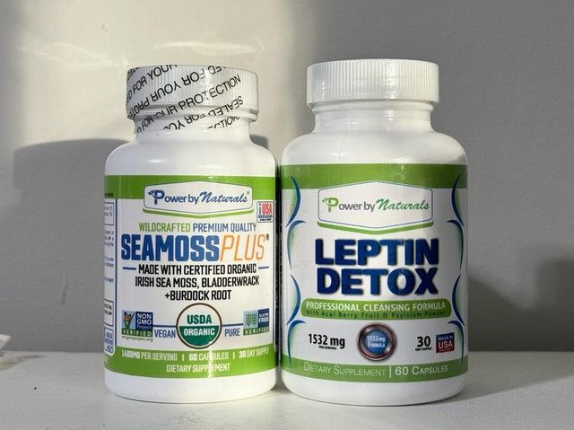 Power by Naturals: Organic Sea Moss and Leptin Detox Bundle - 60 Vegan Capsules Each - Plant-Based, Gluten-Free Supplement for Immune Enhancement and Natural Cleansing