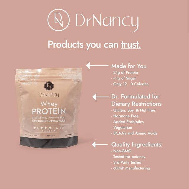 Whey Protein Chocolate by Dr. Nancy MD (14 Servings, 31.5G), 21G Whey Protein, Bcaa’S, with Added L-Glutamine & Probiotics