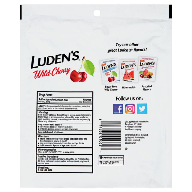 Luden'S Sore Throat Drops, for Minor Sore Throat Relief, Wild Cherry, 90 Count