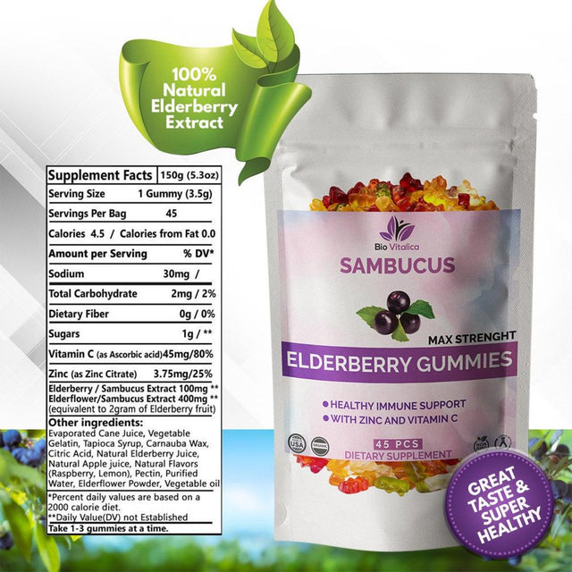 Elderberry Gummy Bears with Zinc and Vitamin C and Elderflowers Powder - Sambucus Nigra (Black Elderberry) Immune Support for Adults and Kids