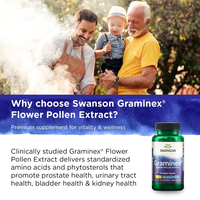 Swanson Maximum Strength Graminex Flower Pollen Extract - Supports Prostate Health, Urinary Tract Function, and Kidney Health - Mens Health Supplement - (60 Capsules, 500Mg Each)