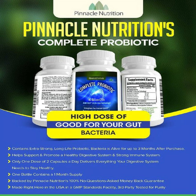 Pinnacle Nutrition 40 Billion Cfus Probiotics - Lactobacillus Acidophilus Premium Digestive Supplement to Reduce Gas, Bloating, & Constipation in Men, Women. 60 Capsules, Moneyback Guarantee Included