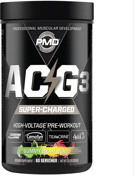 PMD Sports ACG3 Supercharged - Pre Workout - Powerful Strength, High Energy, Maximize Mental Focus, Endurance and Optimum Workout Performance for Men and Women - Gummy Bear Blast (60 Servings)