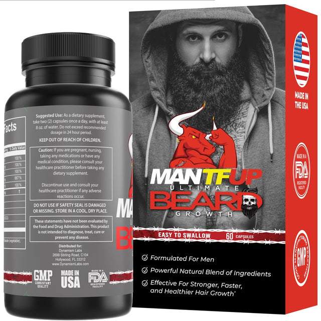 Mantfup Ultimate Beard Growth - Grow Facial Hair Stronger, Faster and Healthier, Vitamin A, Vitamin C, Vitamin E, D-Biotin, Zinc, 60Ct