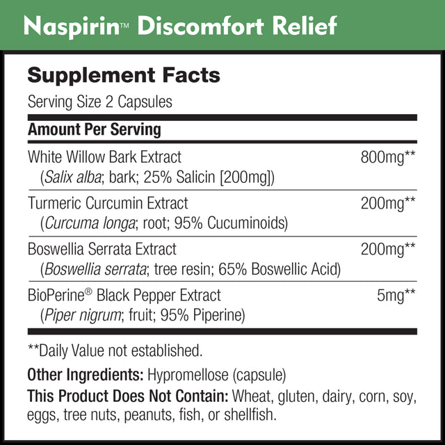 Dailynutra Naspirin Willow Bark Formula, Natural Relief for the Head, Back, Shoulder, Neck, Knees, and Joints, White Willow with Turmeric and Boswellia Extract (60 Capsules)