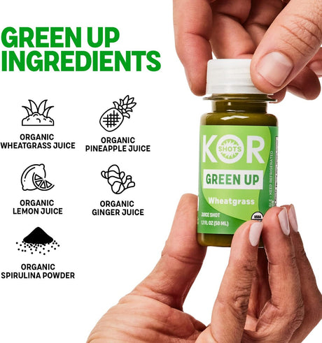 Kor Shot Wheatgrass Ginger Spirulina Shot - 24 Pack X 1.7 Fl Oz - Green up Shot - Daily Greens Superfoods Shot - USDA Certified Organic