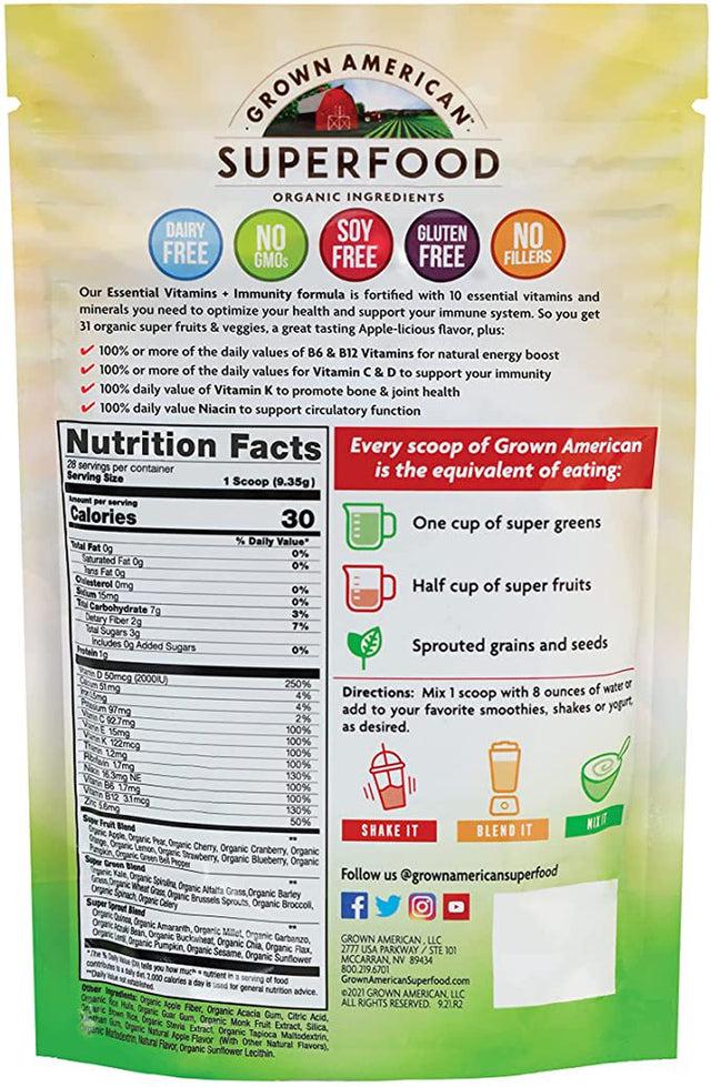 Grown American Superfood Ultra Vita-Immune - Organic Whole Fruits, Grains, Sprouts, Leafy Greens & Beta Rich Vegetables - Concentrated Green Powder - Vegan Non-Gmo - with Immunity Boost