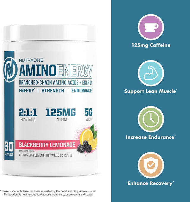 Nutraone Amino Energy BCAA Powder Pre-Workout Supplement with Caffeine Branched Chain Amino Acids to Help Fuel and Recover* (Blackberry Lemonade - 30 Servings)