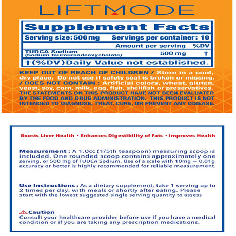 Liftmode TUDCA Sodium (Tauroursodeoxycholic Acid, Taurine-Udca) Powder Supplement - for Liver Support & Gut Health | Fat Burner | Vegetarian, Vegan, Non-Gmo, Gluten Free - 5 Grams (10 Servings)