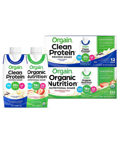 Orgain Clean Protein Shake, Grass Fed Dairy, Vanilla Bean (Pack of 12) and Orgain Organic Nutritional Protein Shake, Strawberries & Cream (Pack of 12)