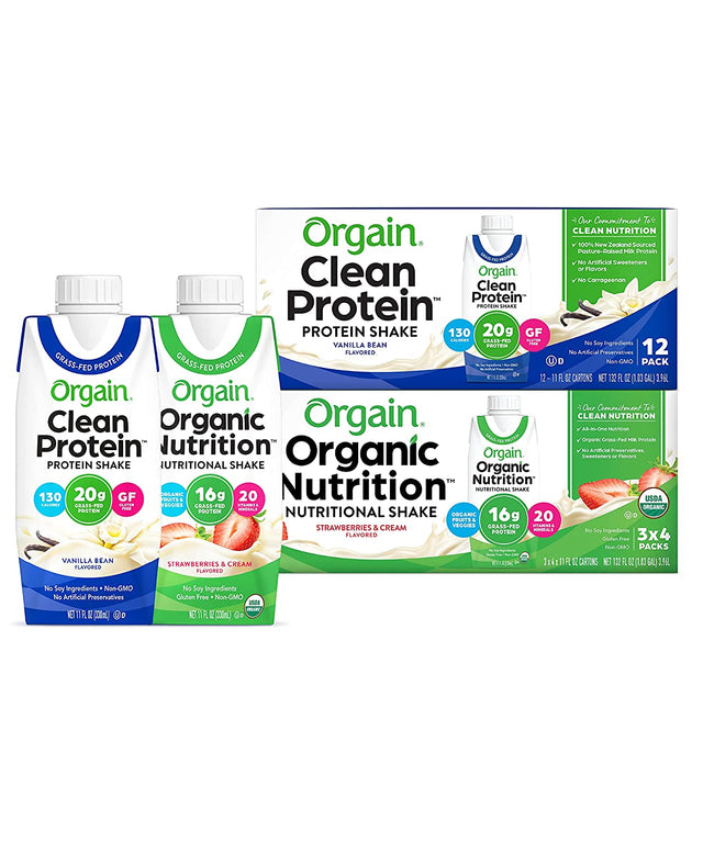 Orgain Clean Protein Shake, Grass Fed Dairy, Vanilla Bean (Pack of 12) and Orgain Organic Nutritional Protein Shake, Strawberries & Cream (Pack of 12)