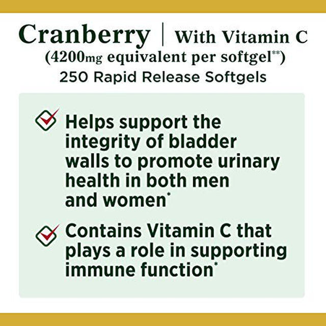 Cranberry Pills W/ Vitamin C by Nature'S Bounty, Supports Urinary & Immune Health, 4200Mg Cranberry Supplement, 250 Softgels