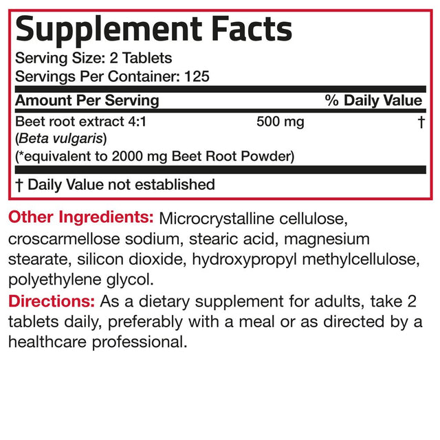 Bronson Beet Root 2000Mg Extra Strength 2000Mg per Serving, Promotes Healthy Circulation Supports Heart Health & Stamina, Non-Gmo, 250 Vegetarian Tablets