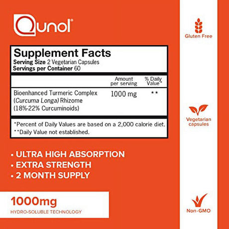 Turmeric Curcumin Capsules, Qunol with Ultra High Absorption 1000Mg, Joint Support, Dietary Supplement, Extra Strength,Vegetarian Capsules , 120 Count (Pack of 1)