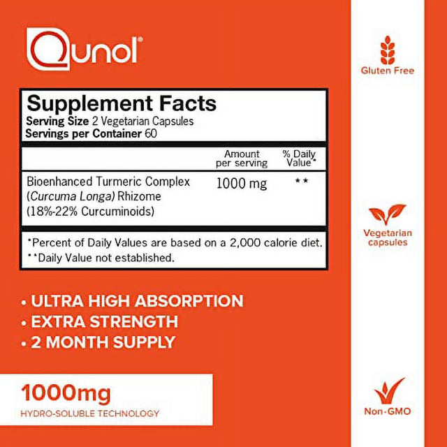 Turmeric Curcumin Capsules, Qunol with Ultra High Absorption 1000Mg, Joint Support, Dietary Supplement, Extra Strength,Vegetarian Capsules , 120 Count (Pack of 1)