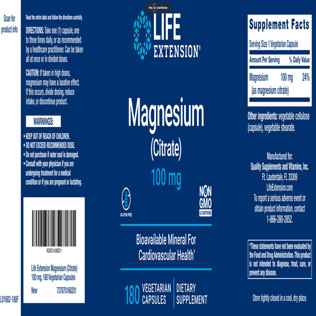 Life Extension Magnesium Citrate 100Mg, 180 Vegetarian Capsules