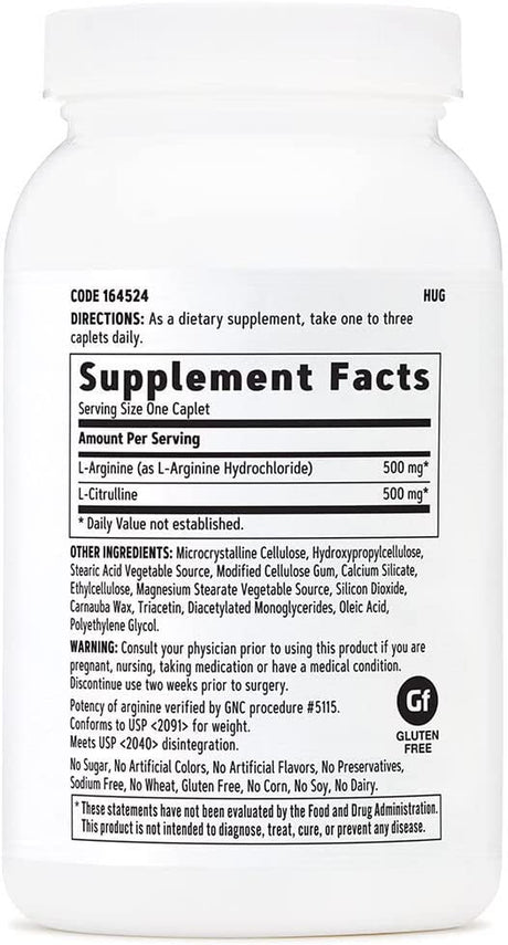 GNC L-Arginine & L-Citrulline 500Mg/500Mg, 120 Caplets, Increases Nitric Oxide Production