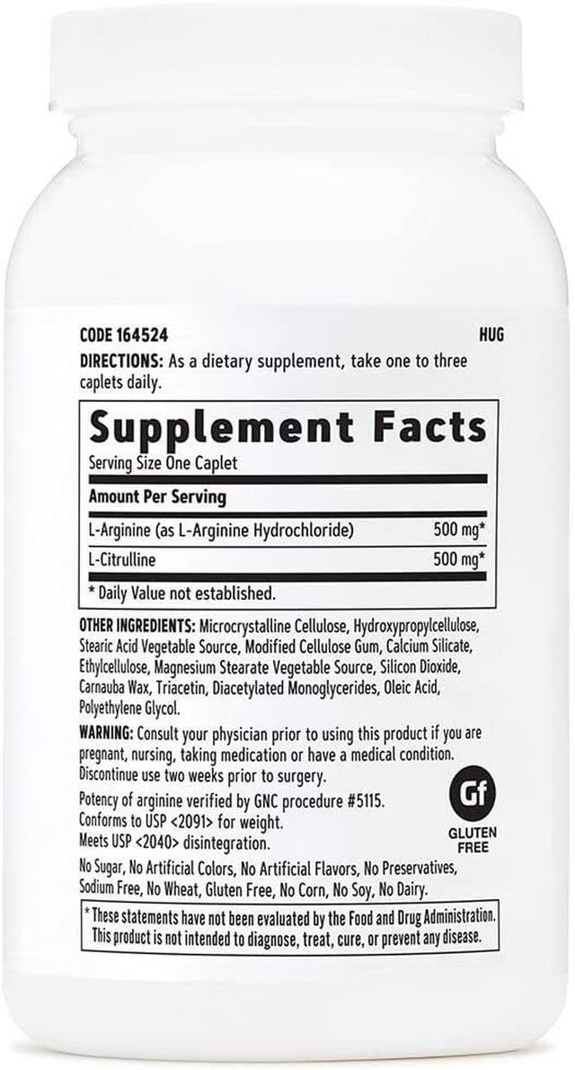 GNC L-Arginine & L-Citrulline 500Mg/500Mg, 120 Caplets, Increases Nitric Oxide Production