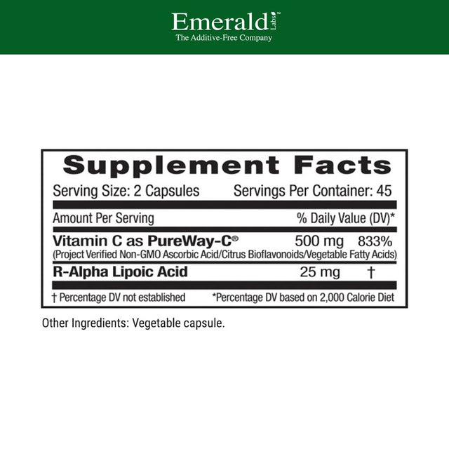 Emerald Labs Pureway C 500Mg and R-Alpha Lipoic Acid - Supports Healthy Immune System Response and Optimal Liver Function Support - 90 Vegetable Capsules