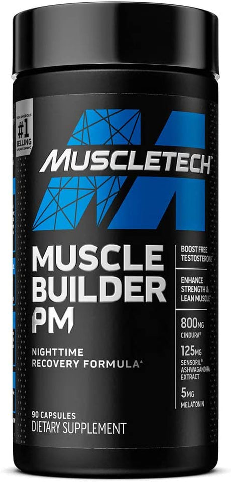 Muscle Builder PM, Muscletech Nighttime Post Workout Recovery Formula, Testosterone Booster for Men + Enhance Strength & Lean Muscle, 5Mg Melatonin Sleep Supplement, Decrease Estradiol, 90 Count