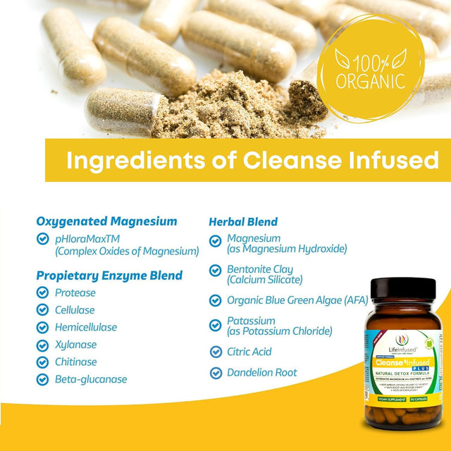 Life Infused Cleanse Infused plus - Premium Natural Colon Cleanser with Oxygenated Magnesium, Herbs, and Enzymes, Helps Relieve Constipation Gently, Detoxifies Blood, Colon, Liver & Kidneys (90 Caps)