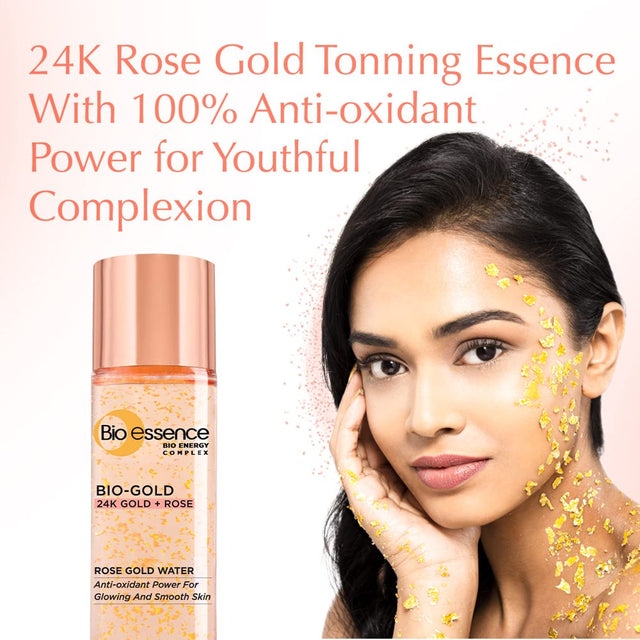 Bio-Essence Bio-Gold Rose Gold Water Toner Contains Pure 24K Gold Flakes with High Antioxidant Power, Hyaluronic Acid, Niacinamide, Peptides, Japanese Rose Extract (Eijitsu) and Unique Bio-E