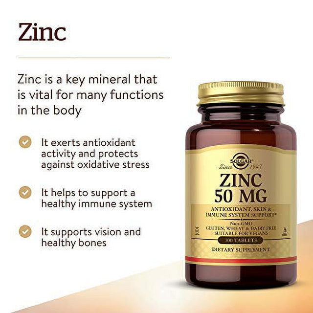 Solgar Zinc 50 Mg, 100 Tablets - Zinc for Healthy Skin, Taste & Vision - Immune System & Antioxidant Support - Supports Cell Growth & DNA Formation - Non GMO, Vegan, Gluten Free - 100 Servin