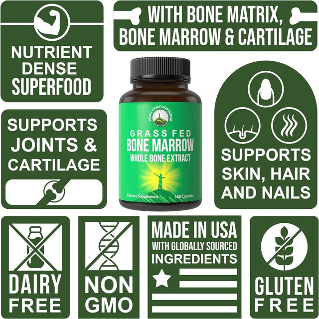 Peak Performance Grass Fed Bone Marrow - Whole Bone Extract Supplement 180 Capsules Superfood Pills Rich in Collagen, Vitamins, Amino Acids. from Bone Matrix, Marrow, Cartilage. Ancestral Tablets