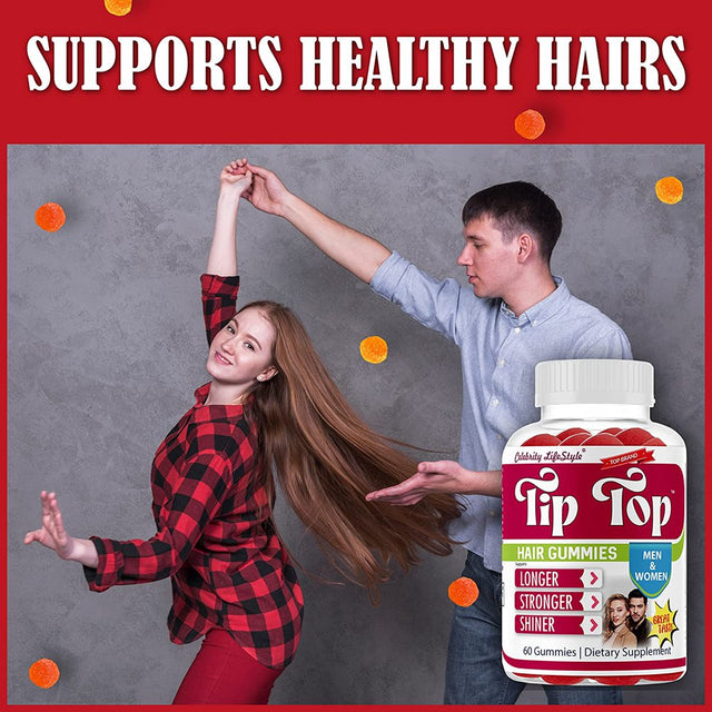 Tiptop Hair Vitamins Gummies with Biotin, Vitamin E & C Support Hair Growth Gummy, Premium Vegetarian Non-Gmo, for Stronger, Beautiful Hair, Skin & Nails 60 Ct