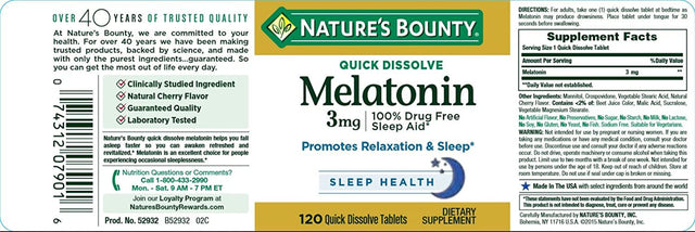 Nature'S Bounty Melatonin Sleep Aid Tablets, 3 Mg, 120 Quick Dissolve Tablets