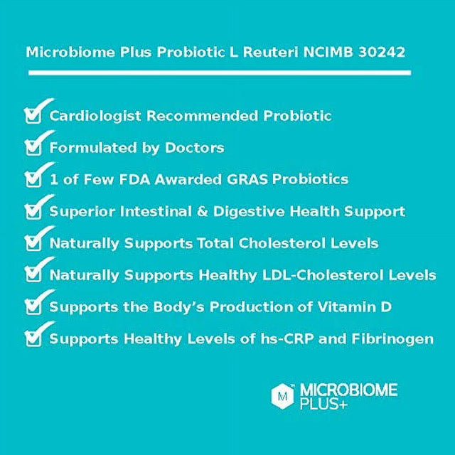 Microbiome plus Gastrointestinal Probiotics L Reuteri NCIMB 30242 and Prebiotics Scfos, GI Digestive & Heart Health Supplements, Allergy Safe, Gluten-Free Probiotic Supplement for Men and Women