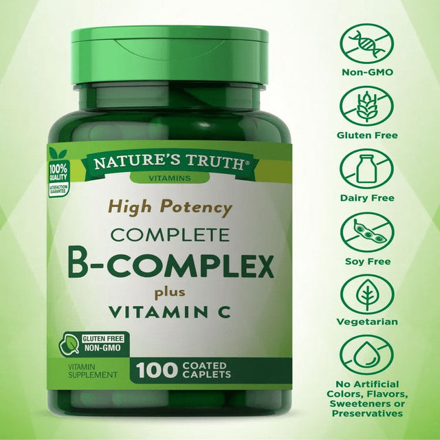 B Complex Vitamins plus Vitamin C | 100 Caplets | Vegetarian, Non-Gmo & Gluten Free | by Nature'S Truth