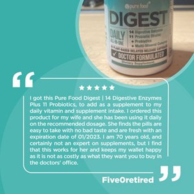 Pure Food Digest | 14 Digestive Enzymes plus 11 Probiotics, Prebiotics & Soothing Herbs | Support Gut Health Naturally | Doctor Formulated, Vegan | 30 Plant-Based Capsules