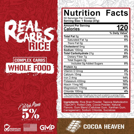 5% Nutrition Rich Piana Real Carbs Rice with Real Food Complex Carbohydrates, Long-Lasting Low Glycemic Energy for Pre-Workout/Post-Workout Recovery Meal, 4.9 Lb, 50 Servings (Cocoa Heaven)