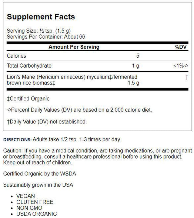 Host Defense, Lion'S Mane Mushroom Powder, Supports Mental Clarity, Focus and Memory, Certified Organic Supplement