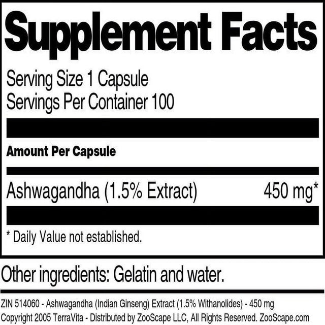 Terravita Ashwagandha (Indian Ginseng) Extract (1.5% Withanolides) - 450 Mg, (100 Capsules, 1-Pack, Zin: 514060)