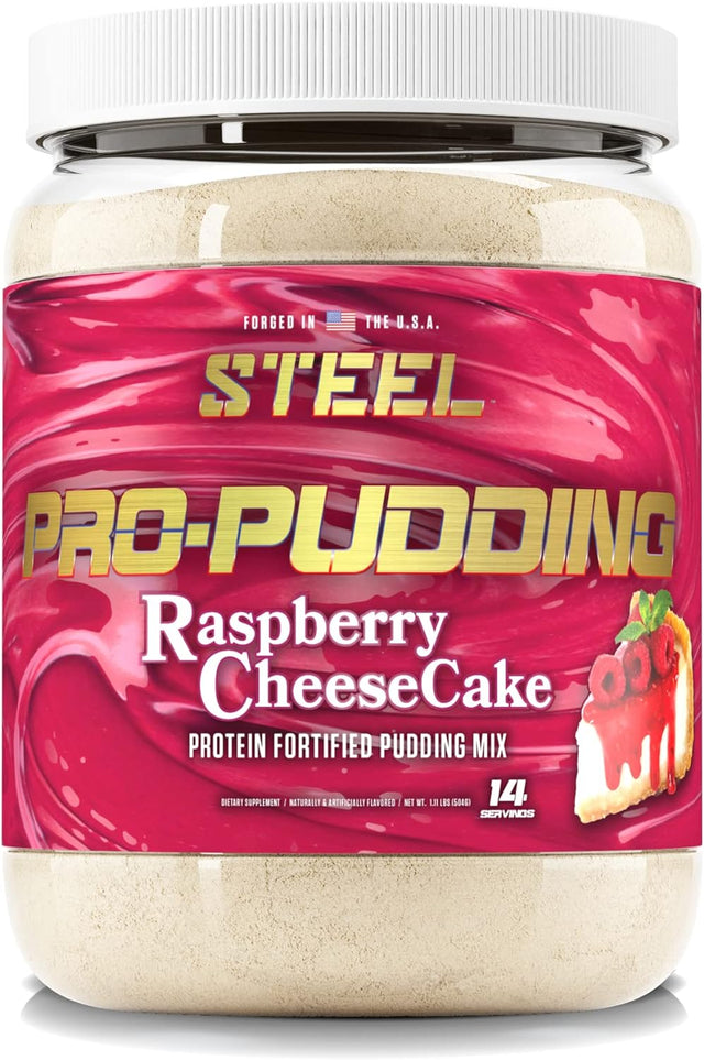 Steel Pro-Pudding | Casein Based Protein Pudding Powder Mix | Raspberry Cheesecake | Great for Anabolic Environment Management for Muscle Growth | Low Carb | 14 Servings (1.11 Lbs)