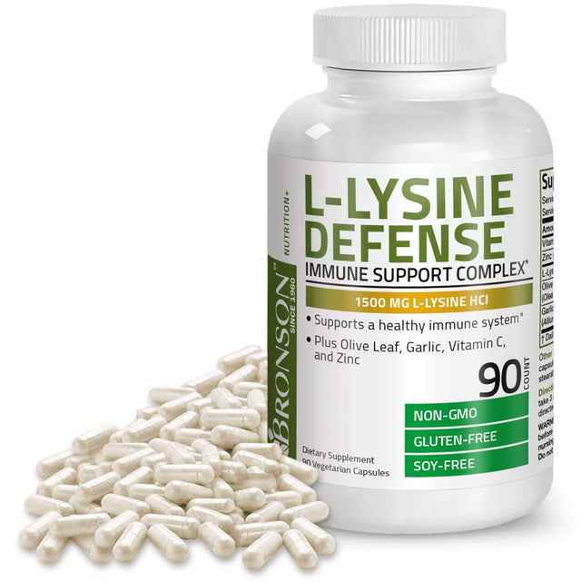 Bronson L-Lysine Defense Immune Support Complex 1500 MG L-Lysine plus Olive Leaf, Garlic, Vitamin C and Zinc - Non-Gmo, 90 Vegetarian Capsules