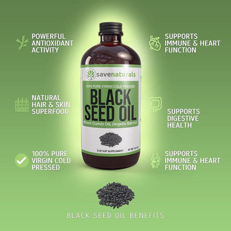 16 Oz Black Seed Oil 100% Pure Cold Pressed Natural Cumin Nigella Sativa Non-Gmo GLASS Bottles Immune Support by Savenaturals