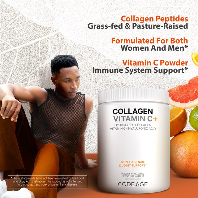 Codeage Collagen Peptides Powder, Type 1 & 3 Grass-Fed Bovine, Vitamin C, Enzymes, Hyaluronic Acid, 9.98 Oz