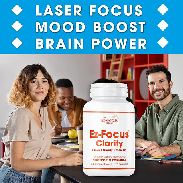 Ez-Focus 'Clarity' Brain Booster Supplement for Men and Women Promotes Clarity, Focus and Memory, Brain Supplement for Students Professionals Trainer Artist Athletes-90 Ct