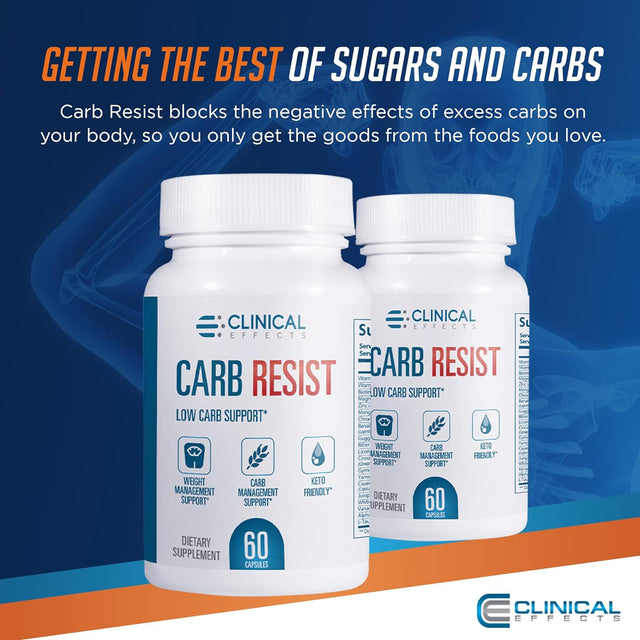 Clinical Effects Carb Resist - Carb Blocker with Vitamin C - 60 Capsules - Ideal for Keto or Low Carb Lifestyle - Supports Heart Health and Weight Management - Plant-Based